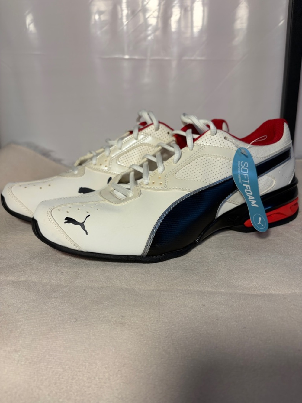Puma White Sneakers with Navy Panels & Red Interior